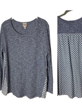 Como Vintage Top Size XL Long Sleeves Mixed Material Knit Blue White Casual